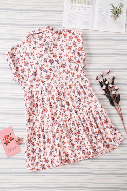 Pink Short Sleeve Flap Pockets Shirt Floral Dress