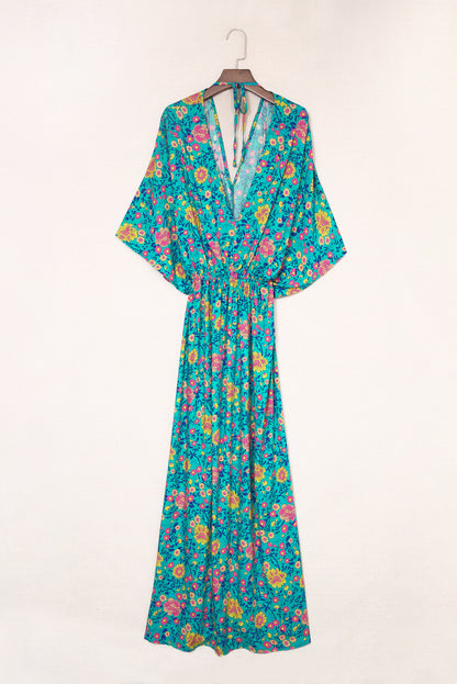 Green Boho Deep V Neck Floral Maxi Dress