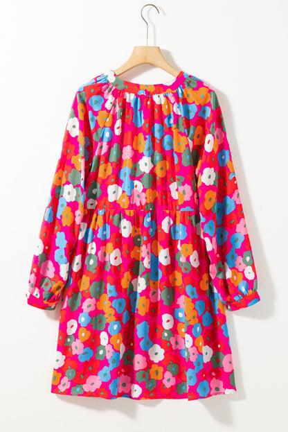 Rose Red Multicolor Floral Split Neck Flowy Dress