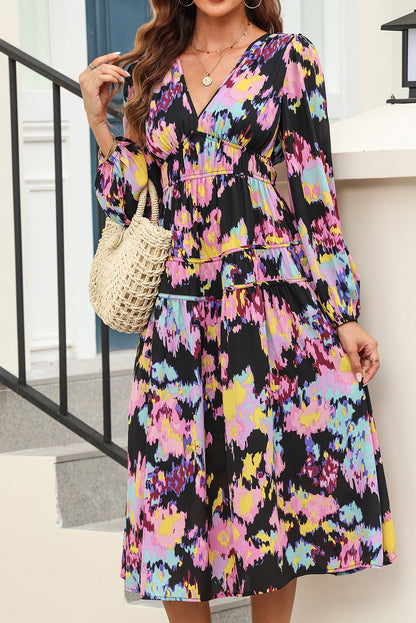 Black Abstract Print Pleated High Waist Maxi Dress