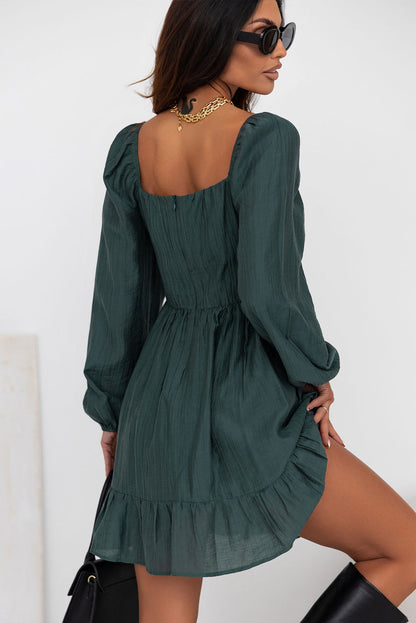 Green Ruched Square Neck Puff Sleeve Mini Dress