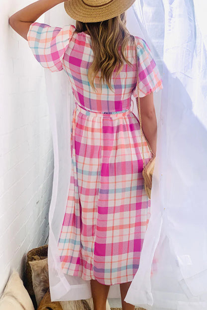 Pink Checkered Puff Sleeve Belted Midi Dress