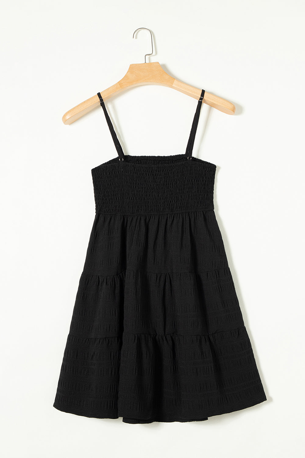 Black Smocked Textured Tiered Skater Dress