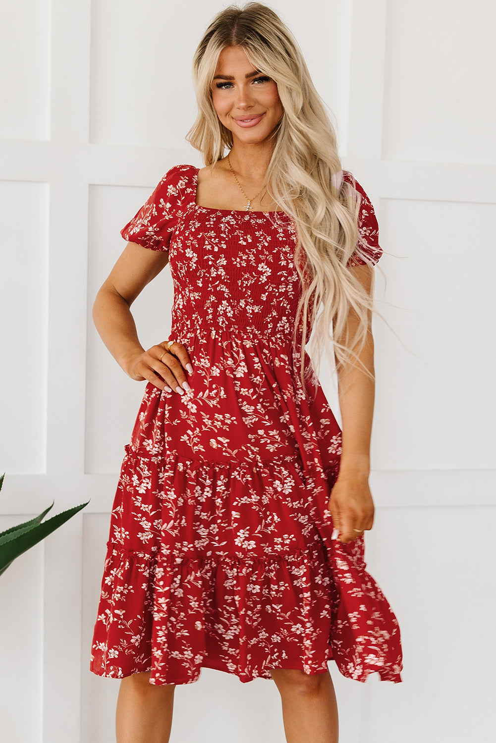 Red Boho Flower Smocked Square Neck Tiered Midi Floral Dress