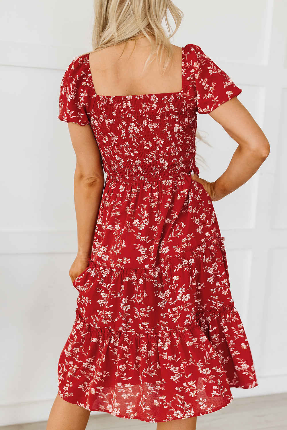 Red Boho Flower Smocked Square Neck Tiered Midi Floral Dress