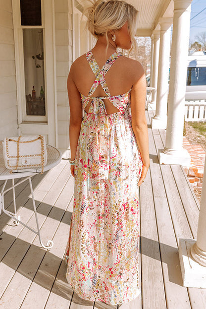 Multicolor Crisscross Backless Long Floral Dress