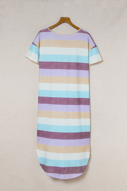 Striped Color Block V Neck T Shirt Midi Dress