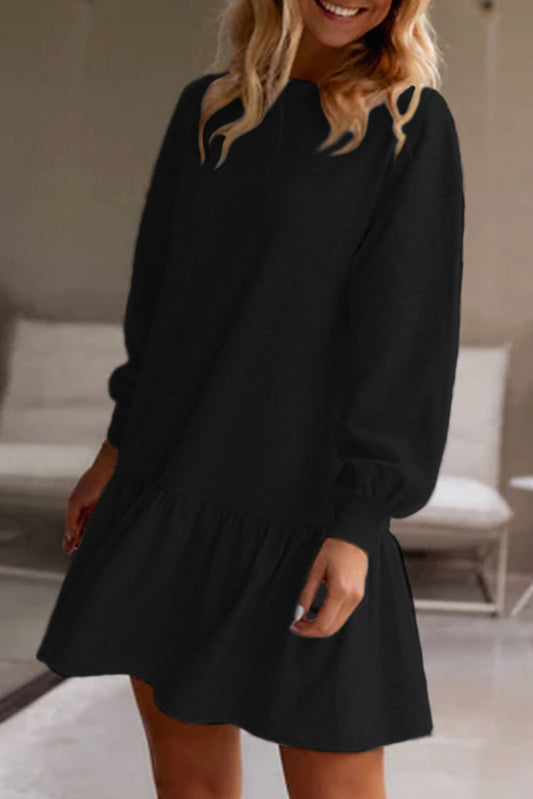 Black Solid Color Puff Sleeve Ruffle Hem Mini Dress