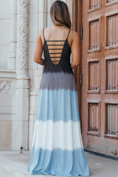 Sky Blue Spaghetti Strap Tie Dye Slit Maxi Dress