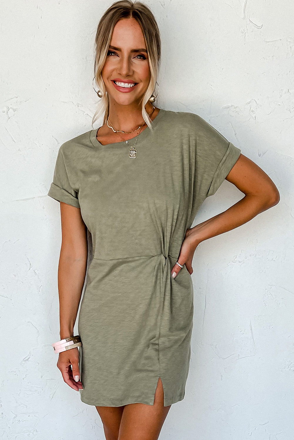 Laurel Green Folded Sleeve Twisted Mini T-Shirt Dress