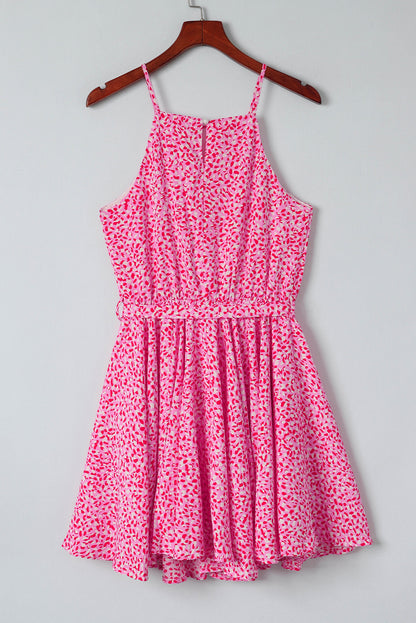 Pink Leopard Print Sleeveless Mini Dress with Waist Tie