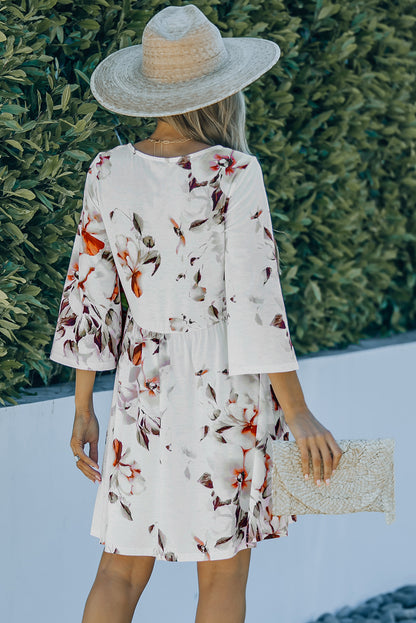 White V Neck 3/4 Sleeve Floral Dress