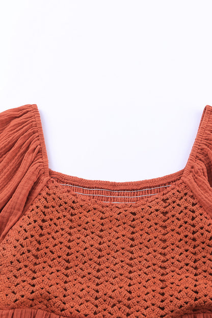 Brown Textured Front Crochet Babydoll Dress