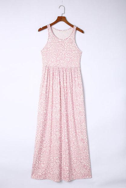 Pink Leopard Print Pocketed Sleeveless Maxi Dress