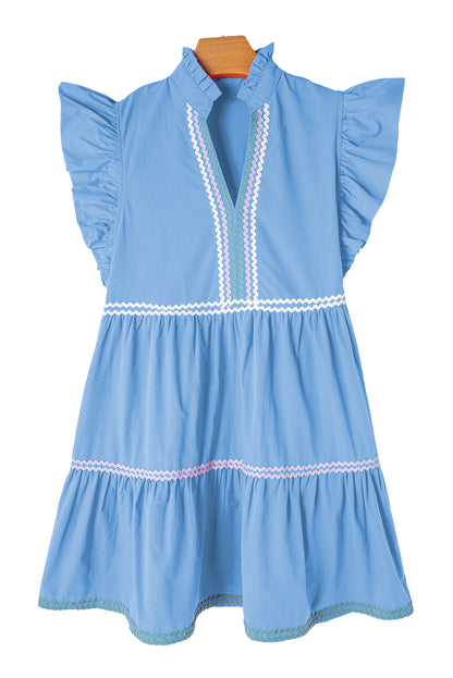 Beau Blue Ric Rac Colorblock Flutter Sleeve V Neck Tiered Dress