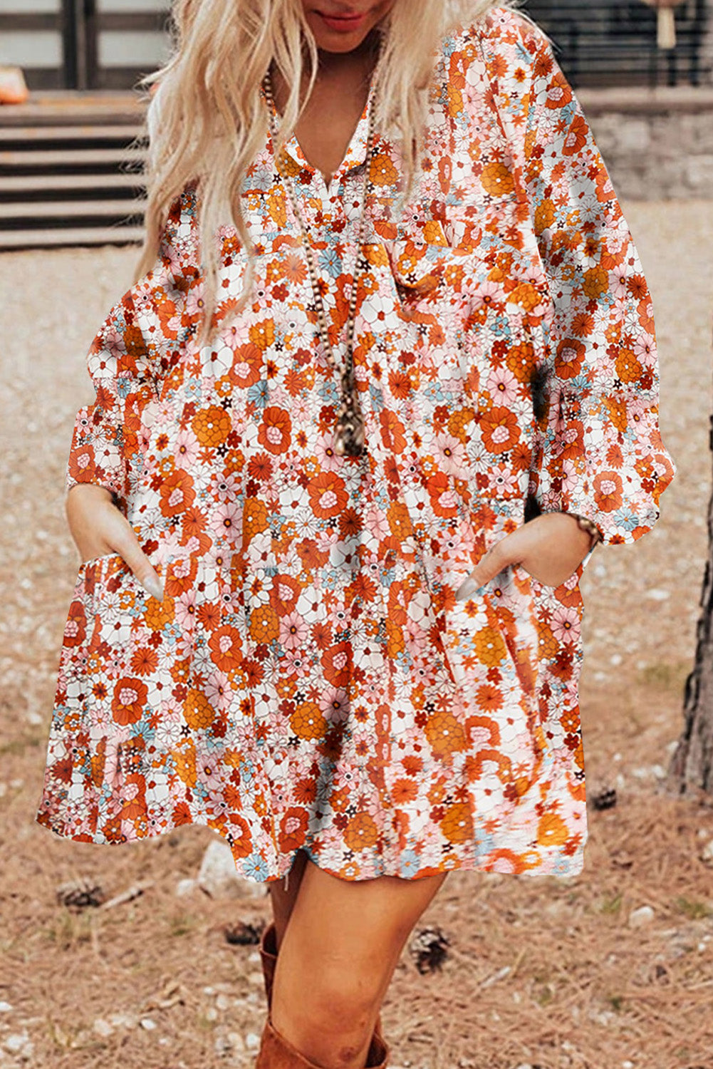 Orange Printed Split Neck Floral Pocketed Shift Dress