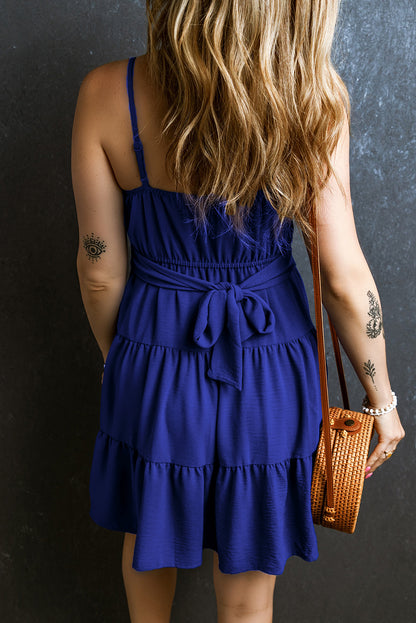 Dark Blue Spaghetti Straps Knot Waist Tiered Mini Dress