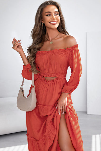 Orange Off Shoulder Balloon Sleeve Cutout Ruffled Maxi Dress