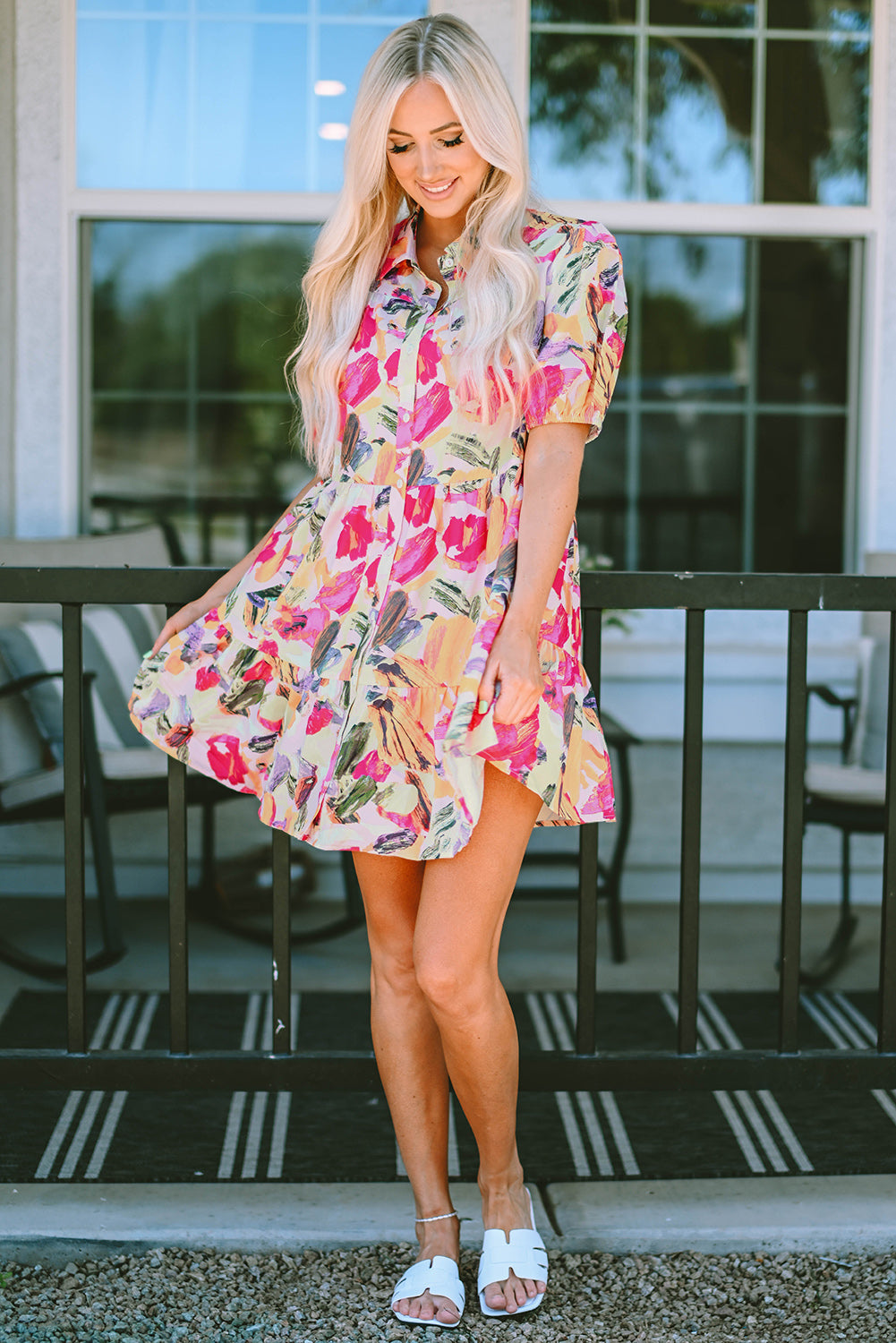 Multicolor Floral Print Short Sleeve Shirt Dress