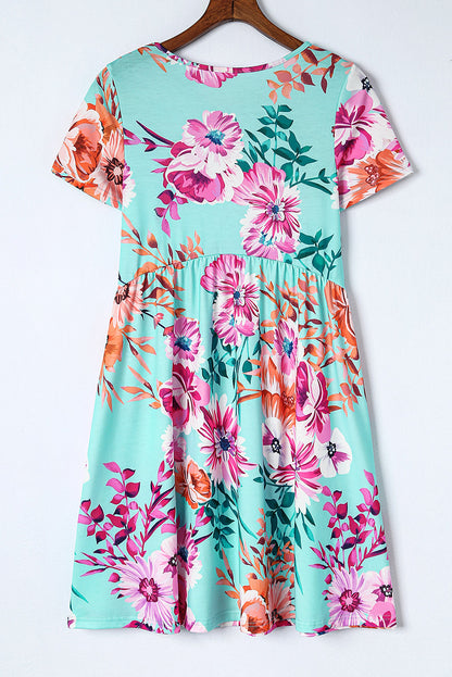 Sky Blue Short Sleeve High Waist Floral T-shirt Dress