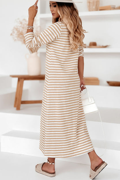 Khaki Striped V-neck Long Sleeve Casual Dress