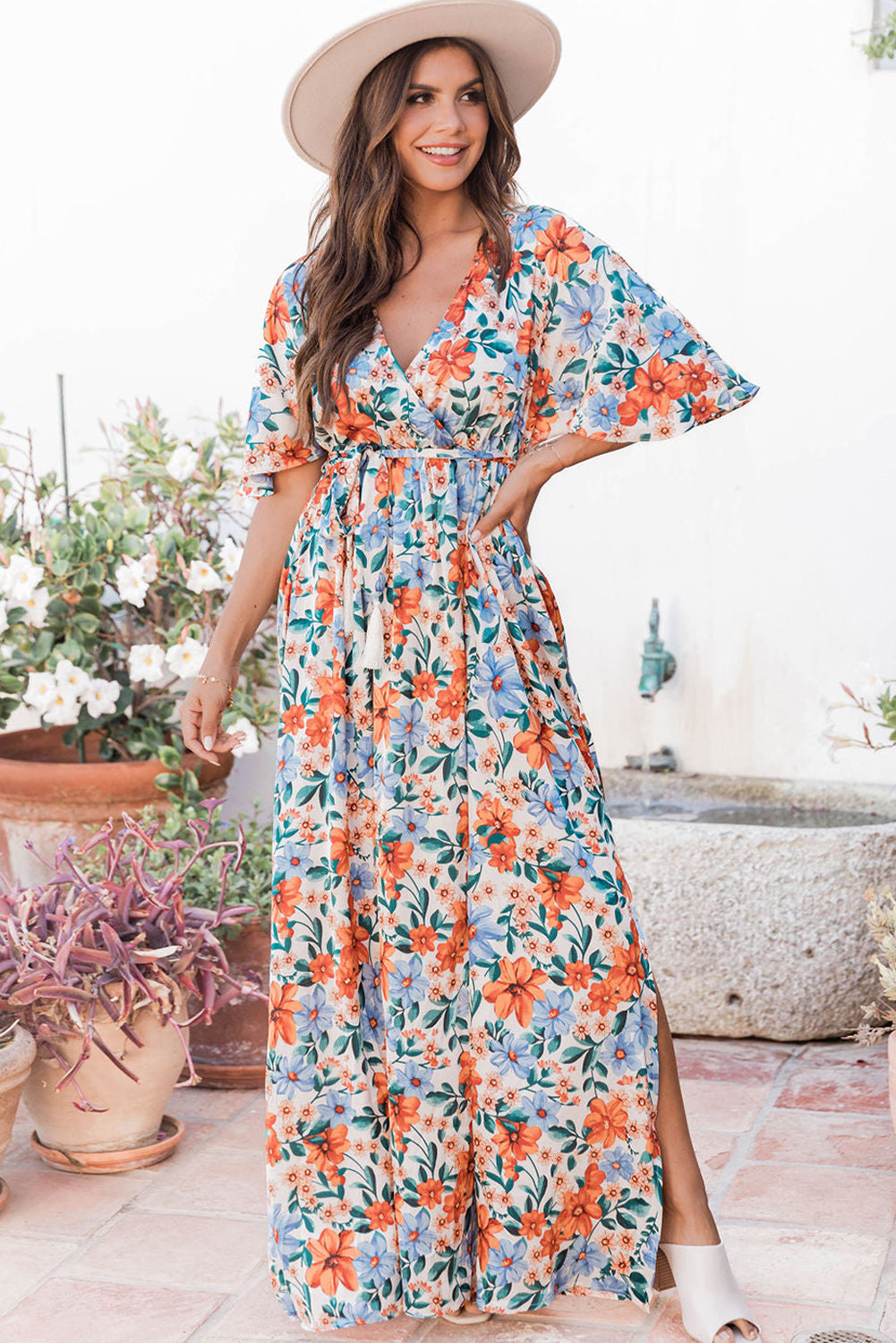 Sky Blue Floral Print Wrap Belted Maxi Dress