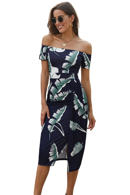 Blue Pattern Print Off Shoulder Slit Bodycon Midi Dress