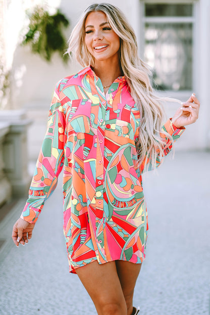 Multicolor Geometric Abstract Print Long Sleeve Shirt Dress