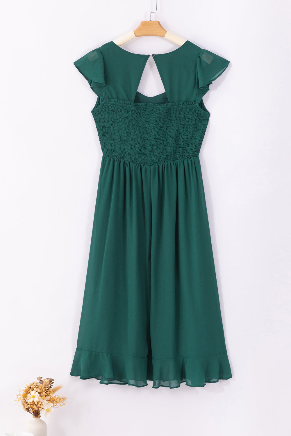 Sea Green Shirred Open Back Sweetheart Neck Ruffled Midi Dress