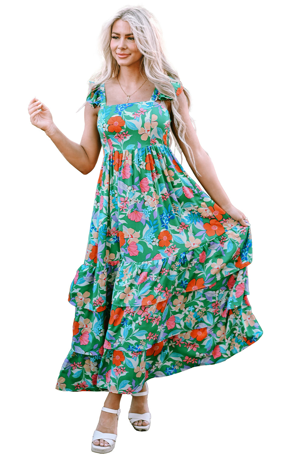 Green Floral Print Sleeveless Ruffle Tiered Maxi Dress