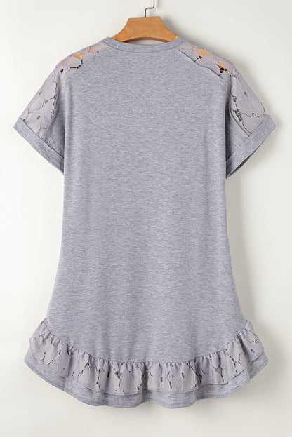 Light Grey Lace Floral Patchwork Ruffled T-shirt Dress