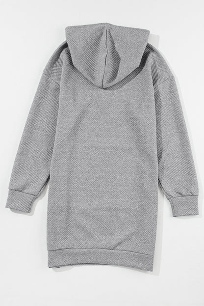 Gray Textured Kangaroo Pocket Drawstring Hooded Mini Dress