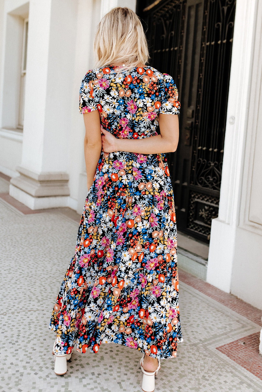 Black Short Sleeve Boho Floral Pattern Tiered Maxi Dress