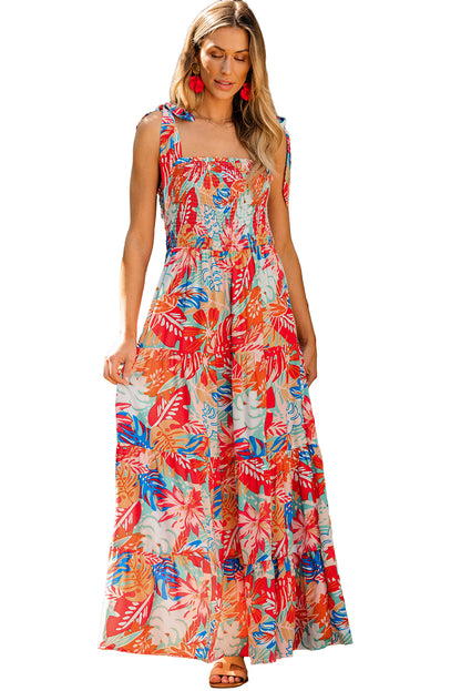 Multicolor Vibrant Tropical Print Smocked Ruffle Tiered Maxi Dress