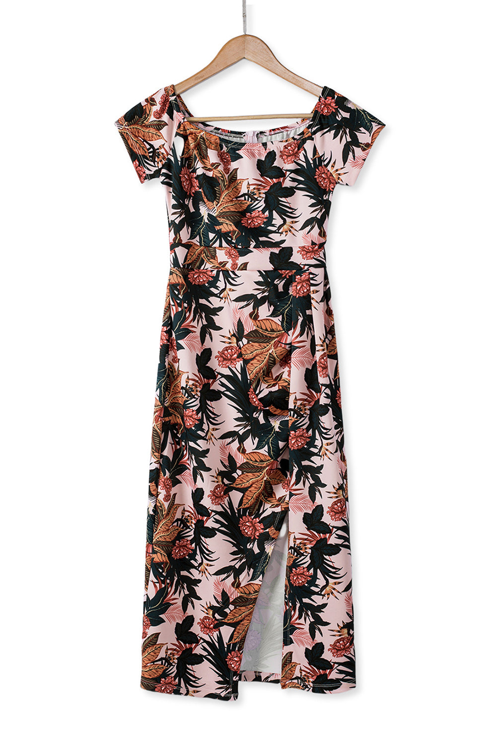 Pink Pattern Print Off Shoulder Slit Bodycon Midi Dress