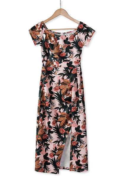 Pink Pattern Print Off Shoulder Slit Bodycon Midi Dress