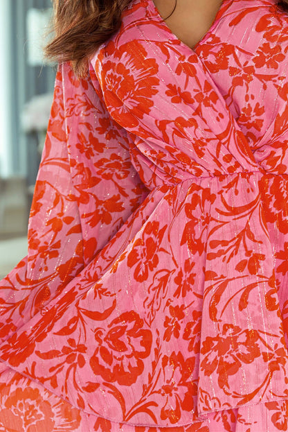 Fiery Red Floral Ruffle Layered Puff Sleeve Surplice Dress