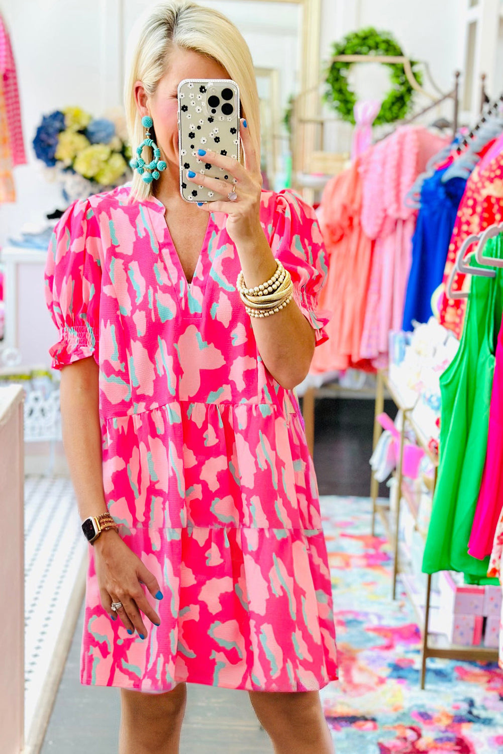 Pink Abstract Printed Puff Short Sleeve Tiered Loose Dress