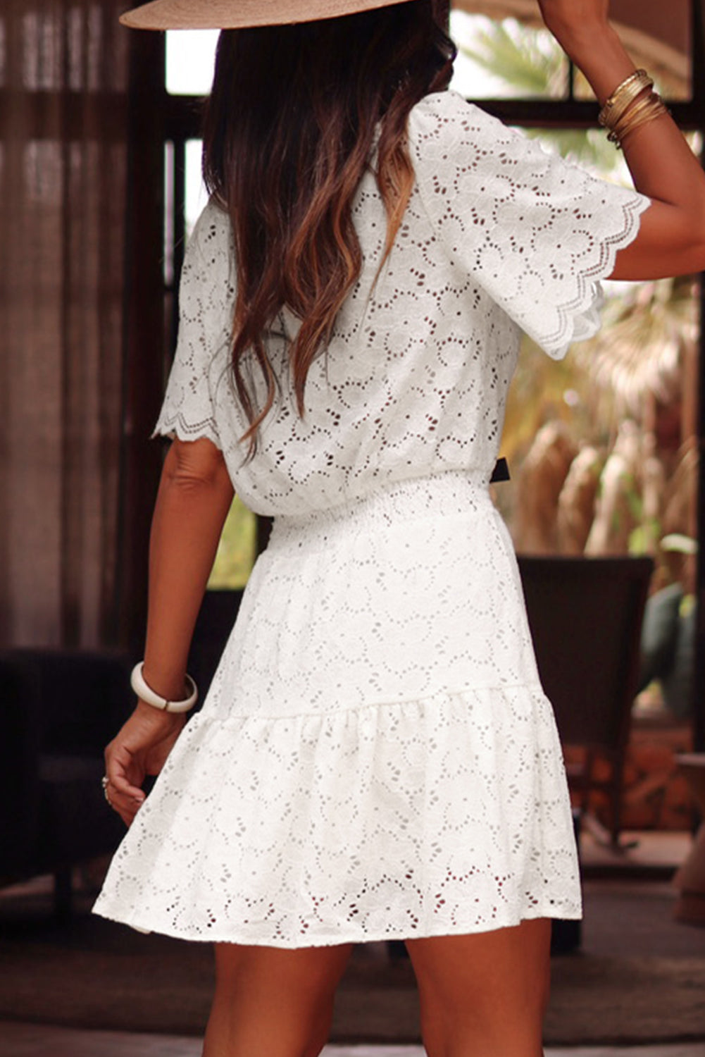 Beige Scalloped Floral Lace Crochet Short Sleeve Mini Dress