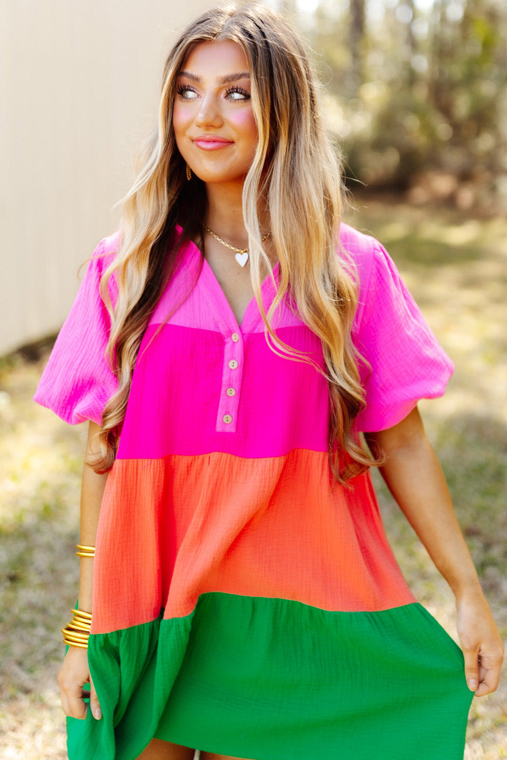 Multicolor Color Block Tiered Puff Sleeve Dress