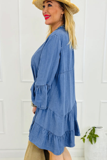 Sky Blue Chambray Ruffled 3/4 Sleeve Tiered Split V Neck Mini Dress