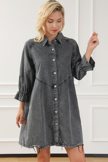 Gray Buttoned Long Sleeve Denim Mini Dress