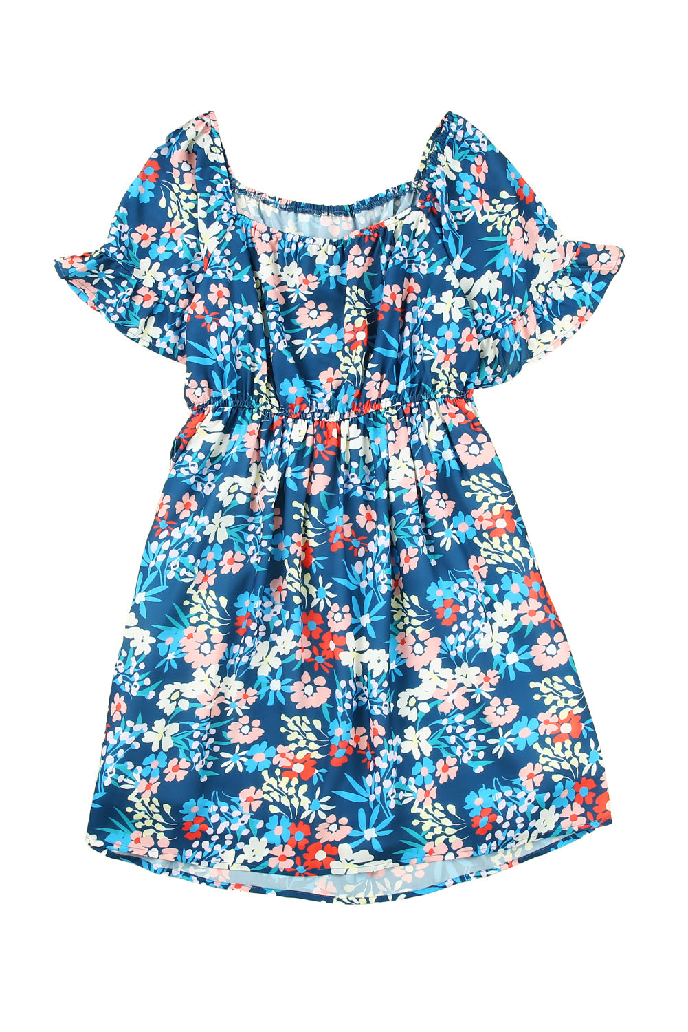 Blue Square Neck Ruffle Floral Dress