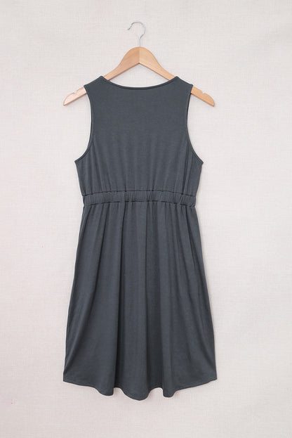 Gray Buttons Sleeveless High Waist Mini Dress