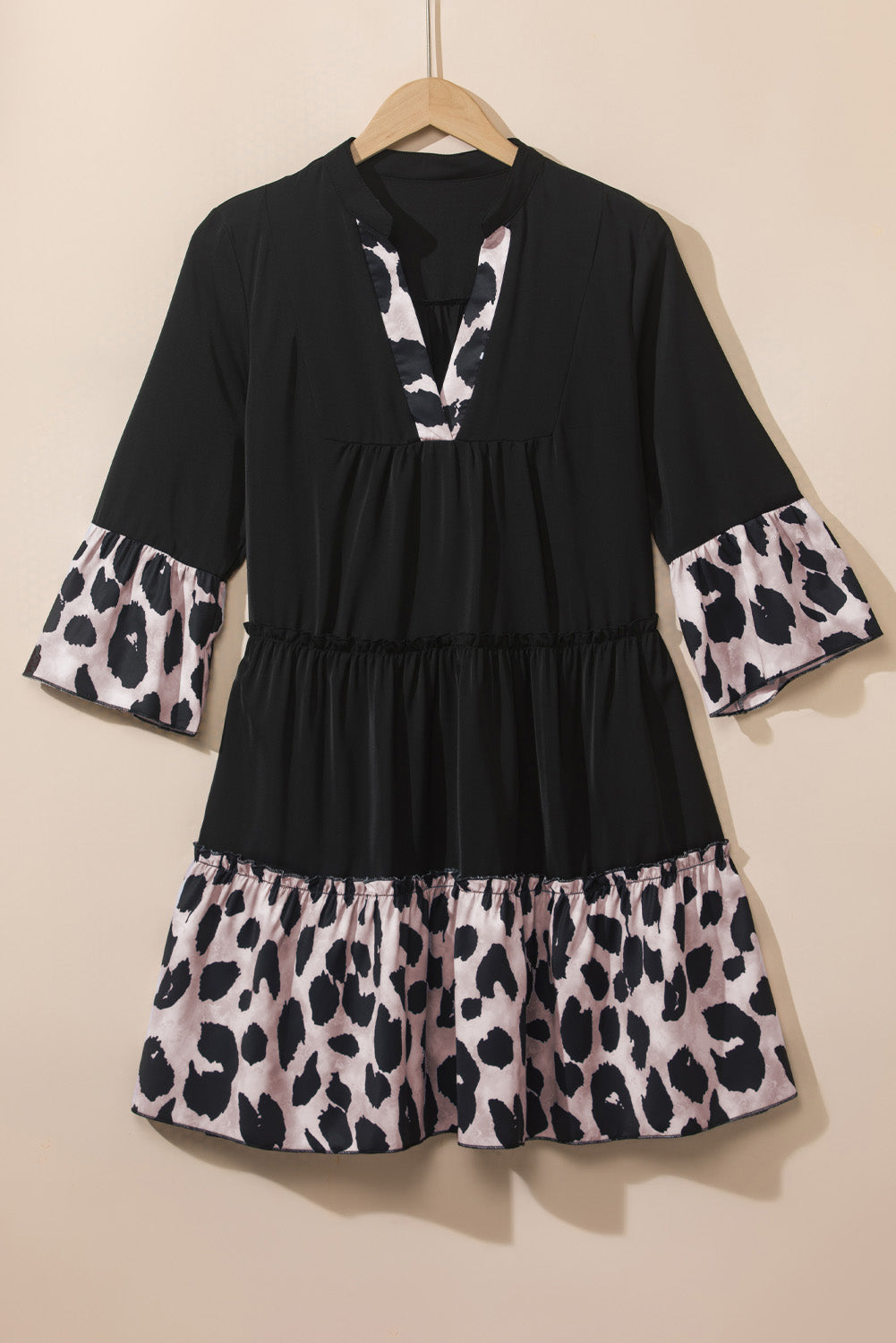 Black Leopard Trim V Neck Ruffled Sleeve Flared Dress