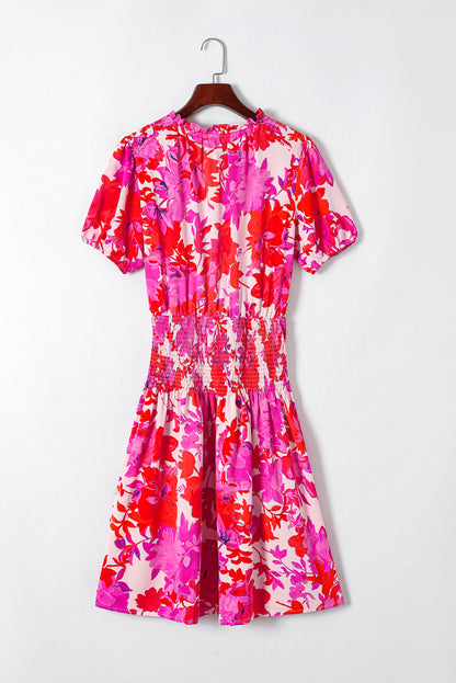 Rose Floral Smocked Waist Bubble Sleeve Flare Dress