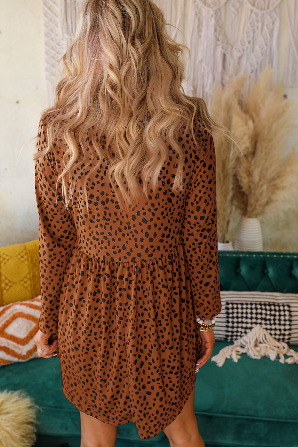 Brown Leopard Long Sleeve Babydoll Dress