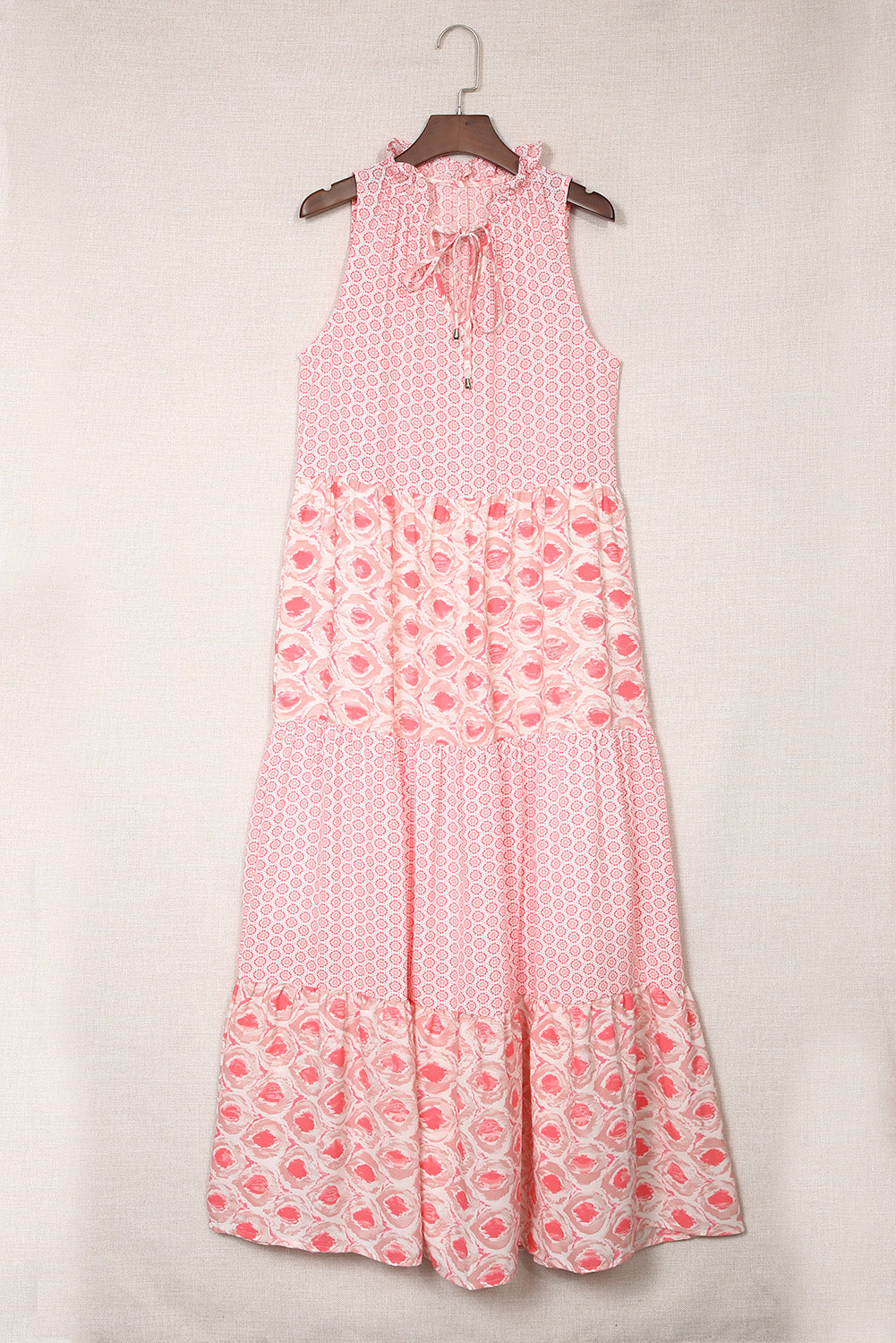 Pink Abstract Print Split Neck Sleeveless Maxi Dress