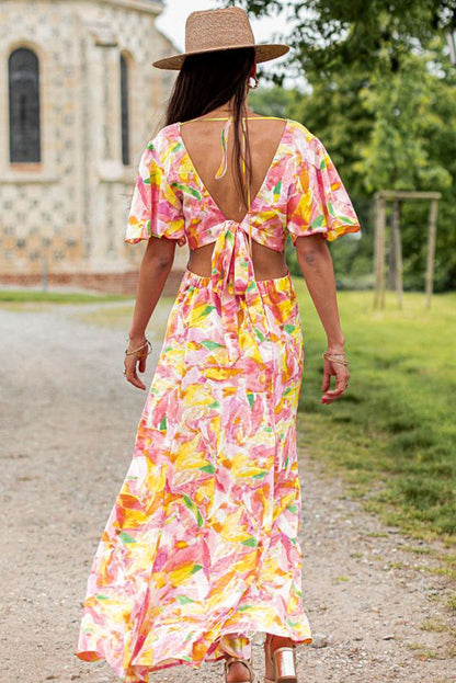 Pink Bohemian Flutter Sleeve Cut out Floral Maxi Dress