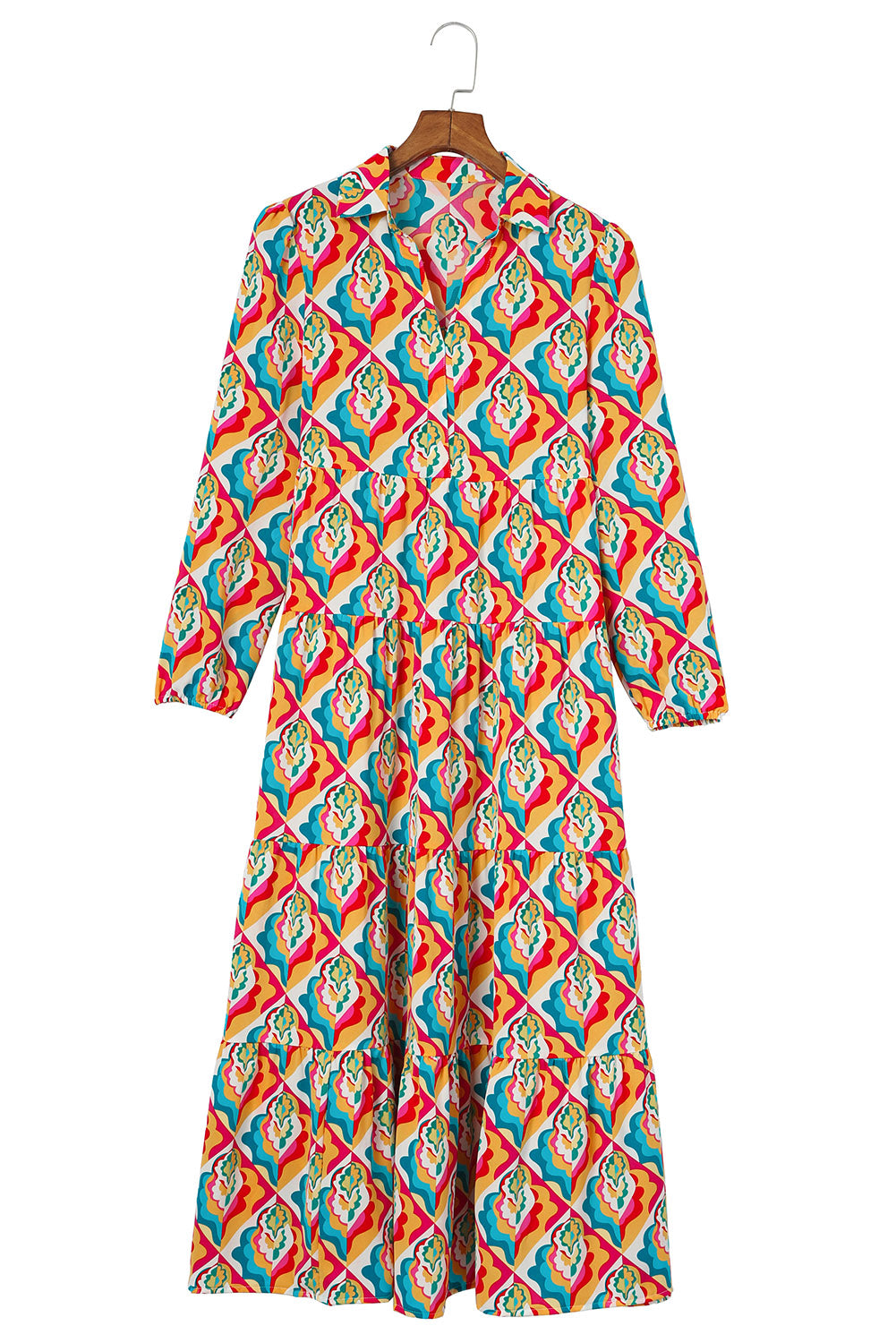 Multicolor Abstract Geometric Print Long Sleeve High Waist Dress